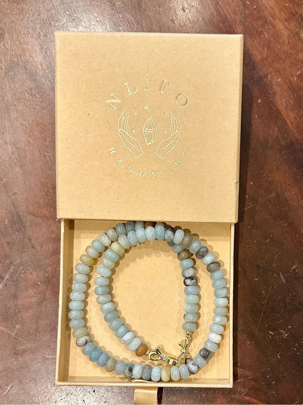 Light Blue Beaded Necklace with Gold Clasp